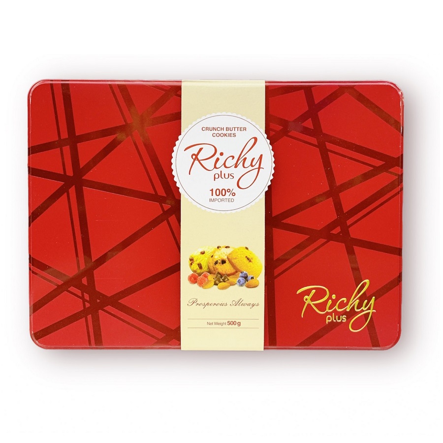 Bánh Quy Bơ Richy Hộp Thiếc Chữ Nhật Xanh/Đỏ 500g