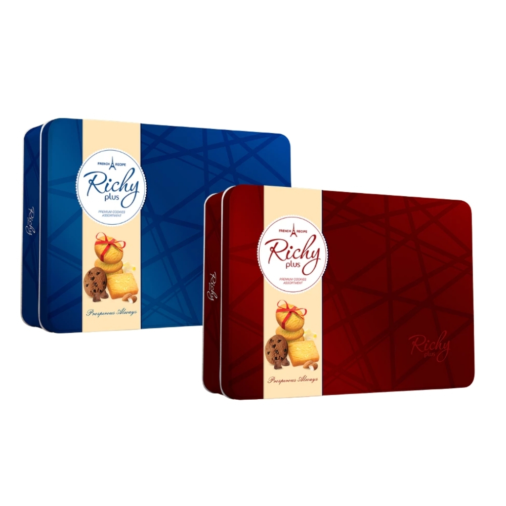 Bánh Quy Bơ Richy Hộp Thiếc Chữ Nhật Xanh/Đỏ 500g