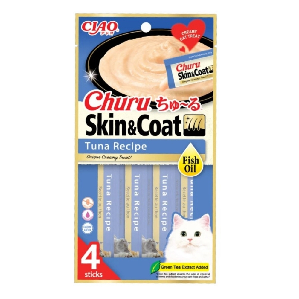 Gói 4 Thanh Súp Thưởng Cho Mèo Ciao Skin And Coat Cá Ngừ & Dầu Cá 14g