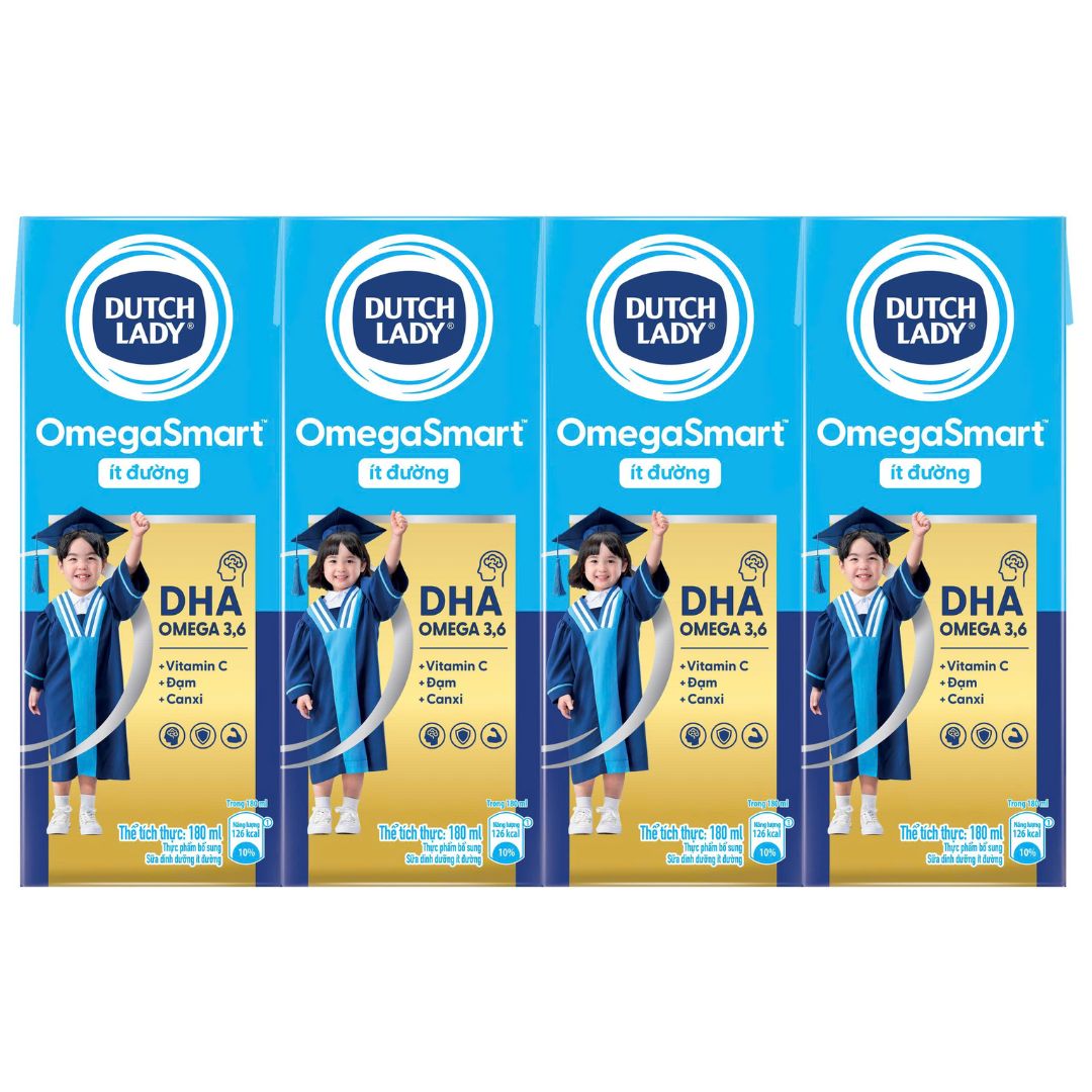 Lốc 4 Hộp Sữa Dinh Dưỡng Dutch Lady Ít Đường Omegasmart 180ml