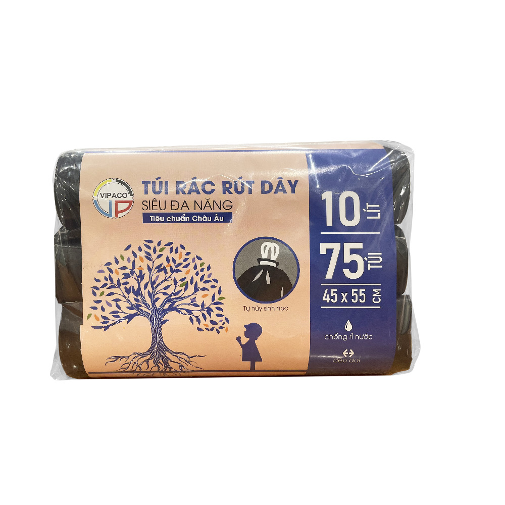 Túi Rác Rút Dây Siêu Đa Năng Vipaco 3 Cuộn 10L 45X55-75T