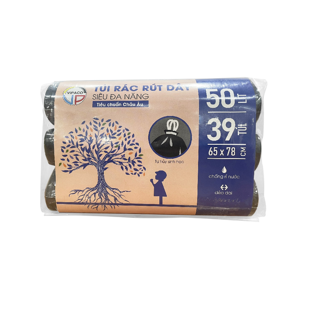 Túi Rác Rút Dây Siêu Đa Năng Vipaco 3 Cuộn 50L 65X78-39T